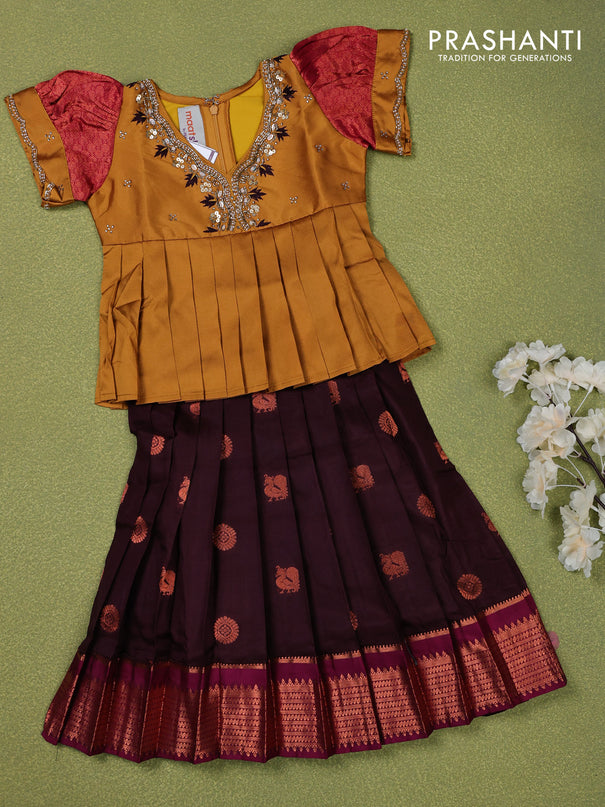 Pure silk kids lehenga mustard shade and brown with embroidery beads work neck pattern & puff sleeve and zari woven border for 1 year