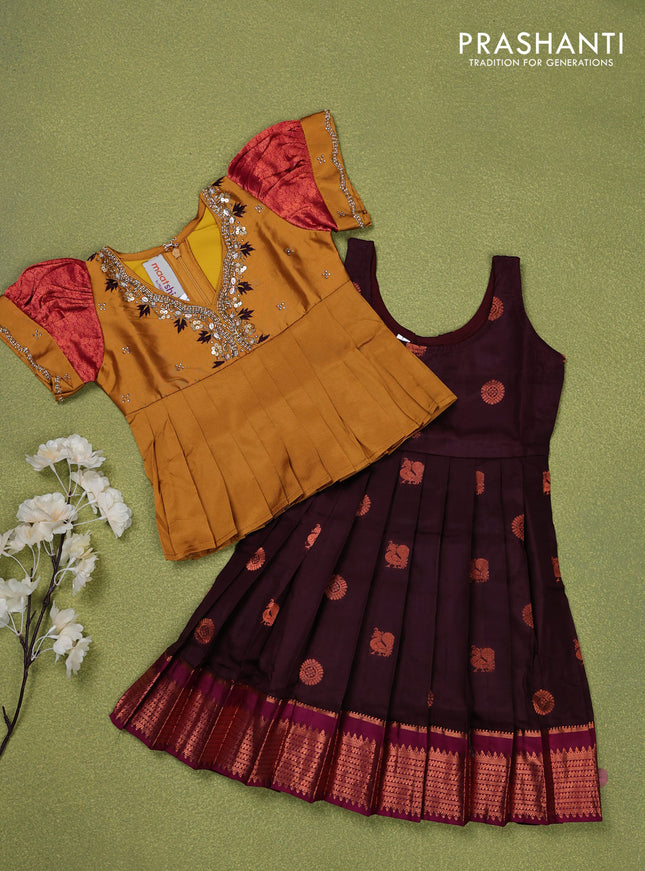 Pure silk kids lehenga mustard shade and brown with embroidery beads work neck pattern & puff sleeve and zari woven border for 1 year