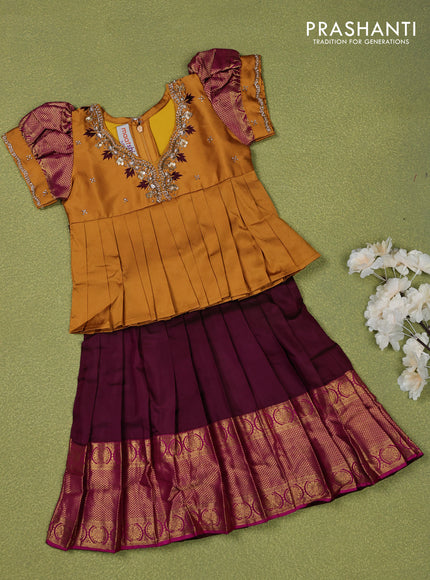 Pure silk kids lehenga mustard shade and wine shade with embroidery beads work neck pattern & puff sleeve and zari woven border for 1 year