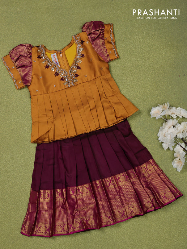 Pure silk kids lehenga mustard shade and wine shade with embroidery beads work neck pattern & puff sleeve and zari woven border for 1 year