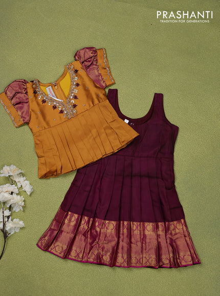 Pure silk kids lehenga mustard shade and wine shade with embroidery beads work neck pattern & puff sleeve and zari woven border for 1 year