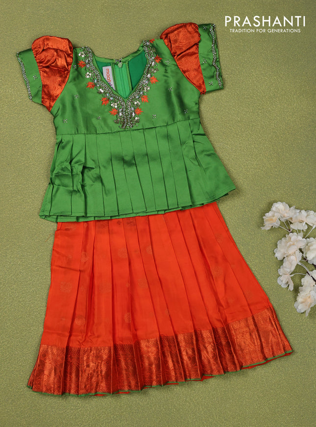 Pure silk kids lehenga green and orange with embroidery beads work neck pattern & puff sleeve and zari woven border for 1 year