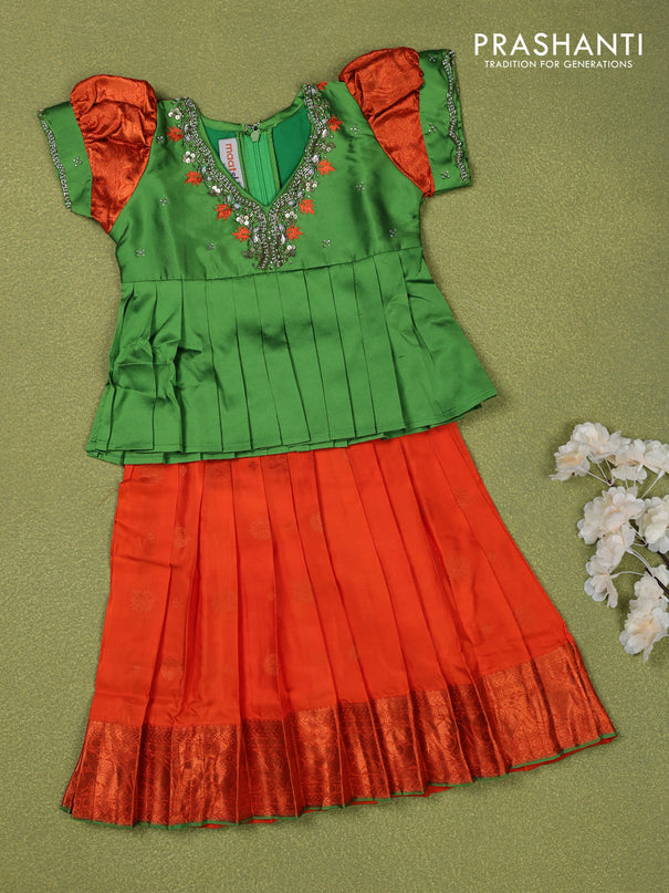 Pure silk kids lehenga green and orange with embroidery beads work neck pattern & puff sleeve and zari woven border for 1 year