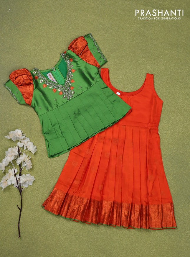 Pure silk kids lehenga green and orange with embroidery beads work neck pattern & puff sleeve and zari woven border for 1 year