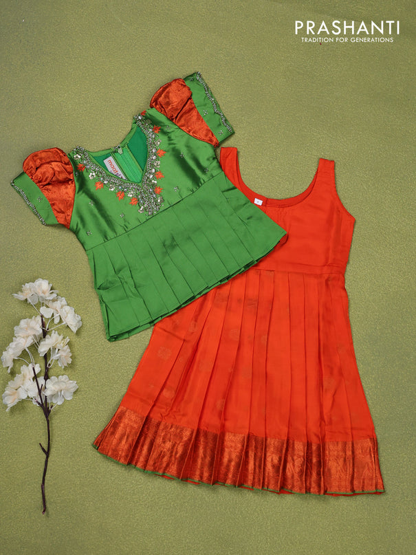 Pure silk kids lehenga green and orange with embroidery beads work neck pattern & puff sleeve and zari woven border for 1 year