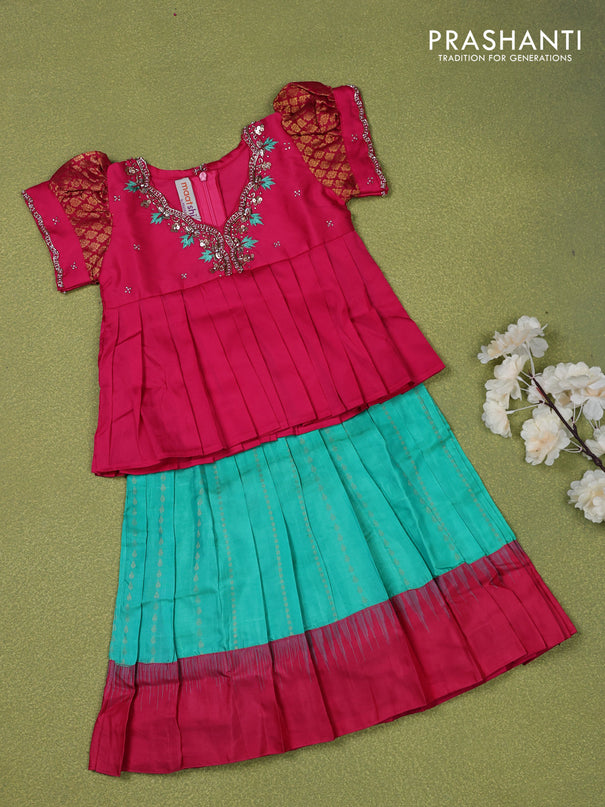 Pure silk kids lehenga pink and teal green with embroidery beads work neck pattern & puff sleeve and zari woven border for 1 year