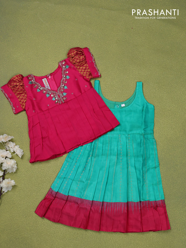 Pure silk kids lehenga pink and teal green with embroidery beads work neck pattern & puff sleeve and zari woven border for 1 year