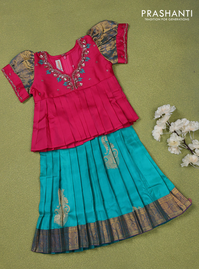 Pure silk kids lehenga pink and teal blue with embroidery beads work neck pattern & puff sleeve and zari woven border for 1 year