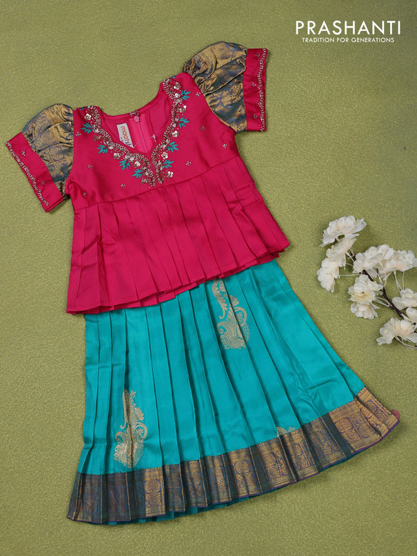 Pure silk kids lehenga pink and teal blue with embroidery beads work neck pattern & puff sleeve and zari woven border for 1 year