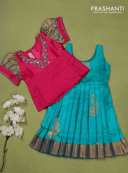 Pure silk kids lehenga pink and teal blue with embroidery beads work neck pattern & puff sleeve and zari woven border for 1 year
