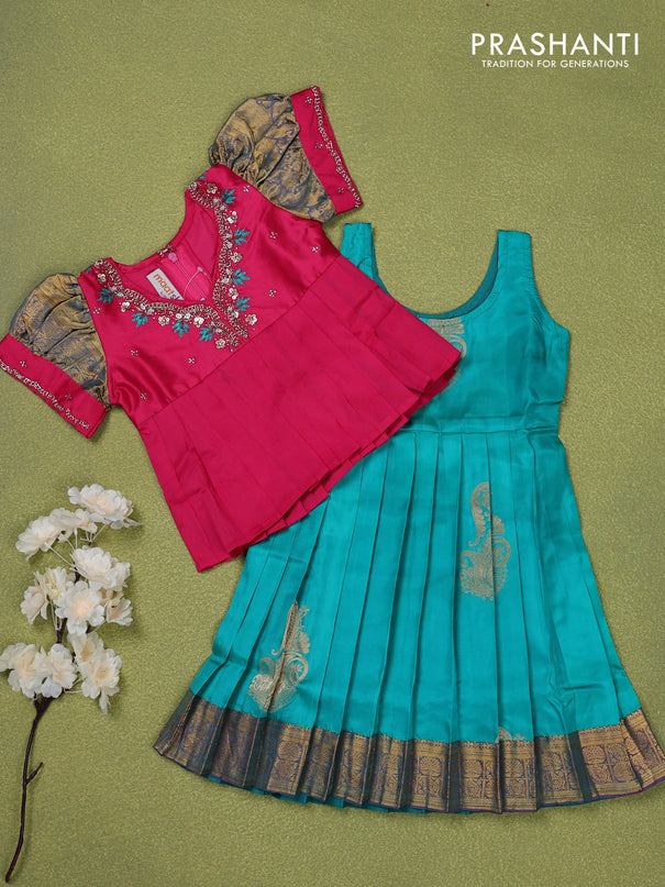 Pure silk kids lehenga pink and teal blue with embroidery beads work neck pattern & puff sleeve and zari woven border for 1 year