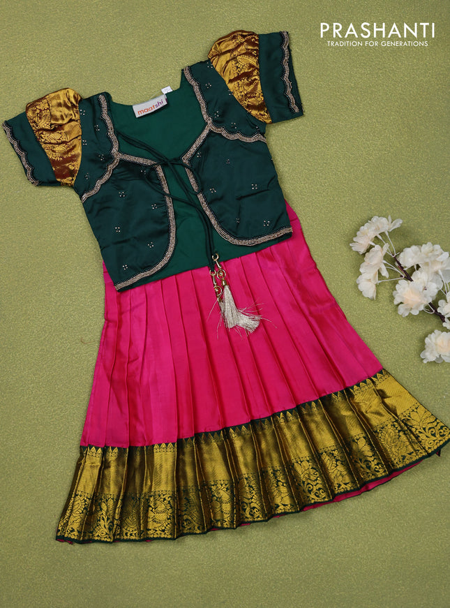 Pure silk kids lehenga bottle green and pink with beaded work & coat type pattern and puff sleeve & zari woven border for 1 year