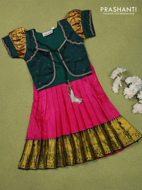 Pure silk kids lehenga bottle green and pink with beaded work & coat type pattern and puff sleeve & zari woven border for 1 year