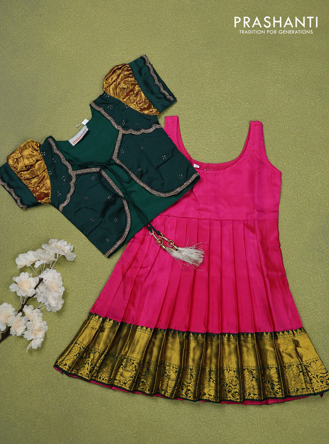 Pure silk kids lehenga bottle green and pink with beaded work & coat type pattern and puff sleeve & zari woven border for 1 year