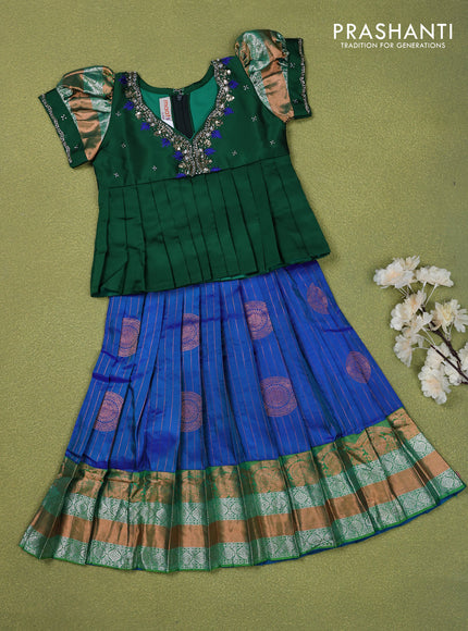 Pure silk kids lehenga green and dual shade of blue with beaded work neck pattern and puff sleeve & zari woven border for 2 years