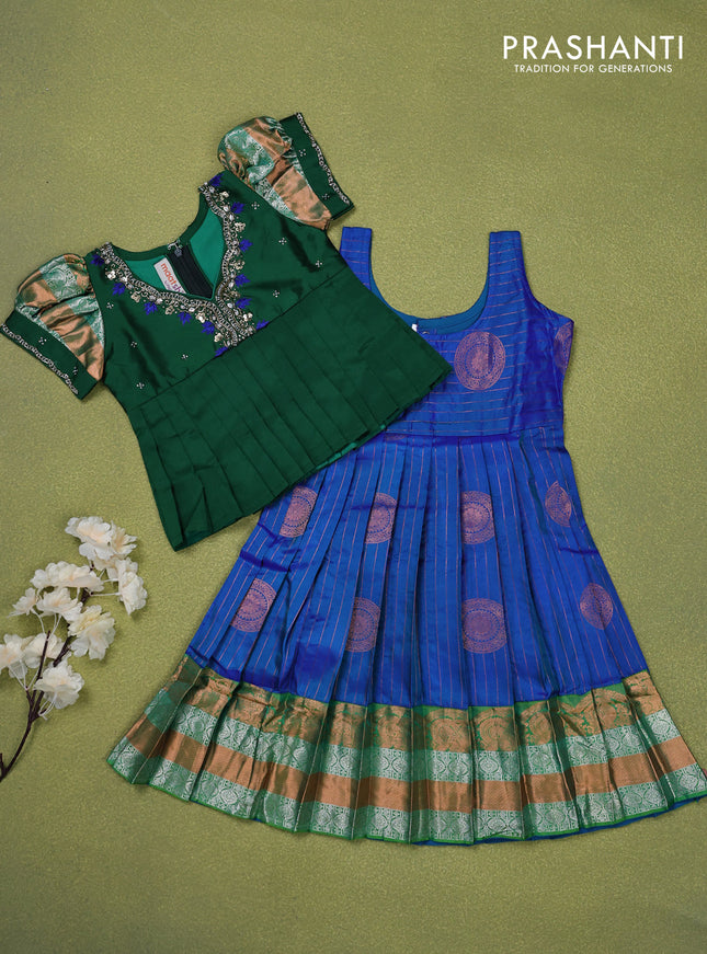 Pure silk kids lehenga green and dual shade of blue with beaded work neck pattern and puff sleeve & zari woven border for 2 years