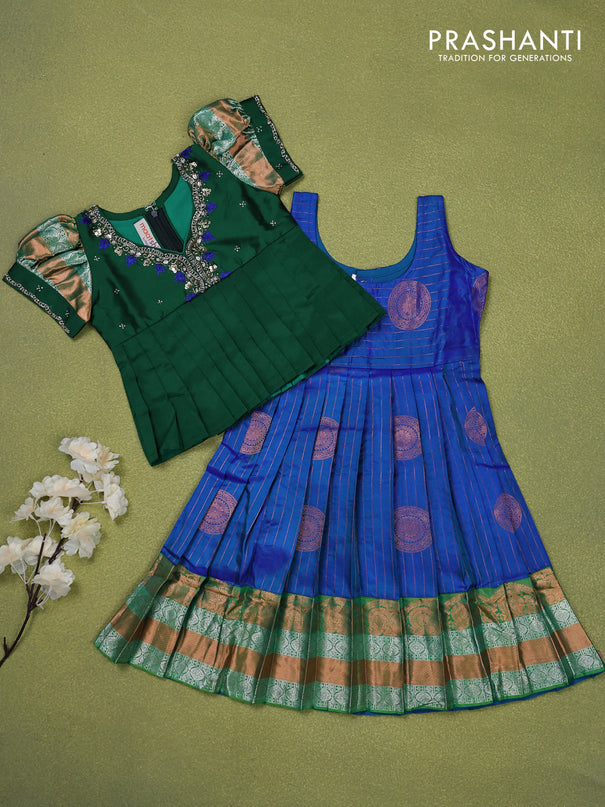 Pure silk kids lehenga green and dual shade of blue with beaded work neck pattern and puff sleeve & zari woven border for 2 years