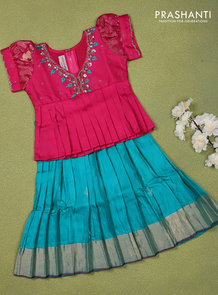 Pure silk kids lehenga pink and teal blue shade with beaded work neck pattern and puff sleeve & zari woven border for 2 years