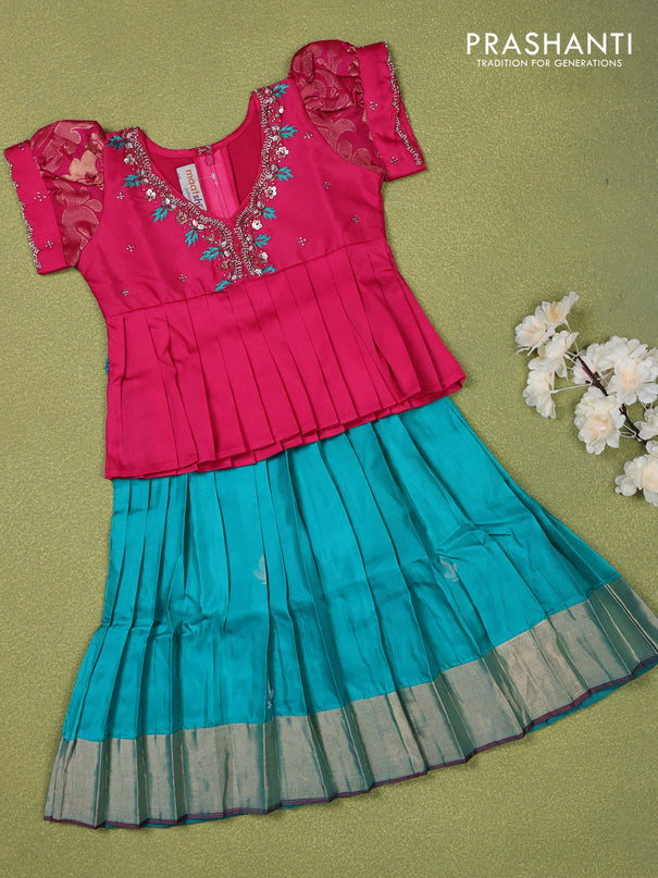 Pure silk kids lehenga pink and teal blue shade with beaded work neck pattern and puff sleeve & zari woven border for 2 years