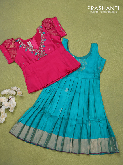 Pure silk kids lehenga pink and teal blue shade with beaded work neck pattern and puff sleeve & zari woven border for 2 years