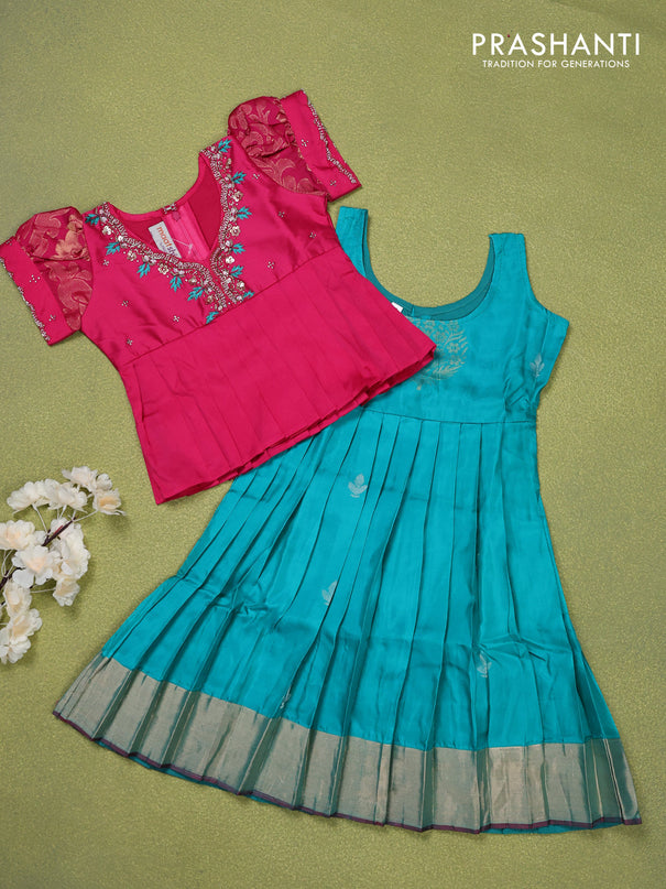 Pure silk kids lehenga pink and teal blue shade with beaded work neck pattern and puff sleeve & zari woven border for 2 years