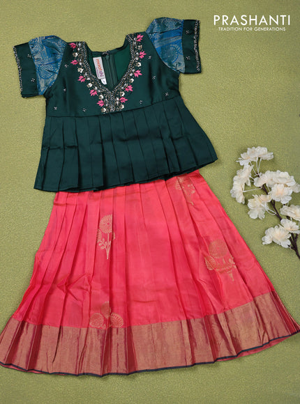 Pure silk kids lehenga bottle green and peach pink with beaded work neck pattern and puff sleeve & zari woven border for 2 years