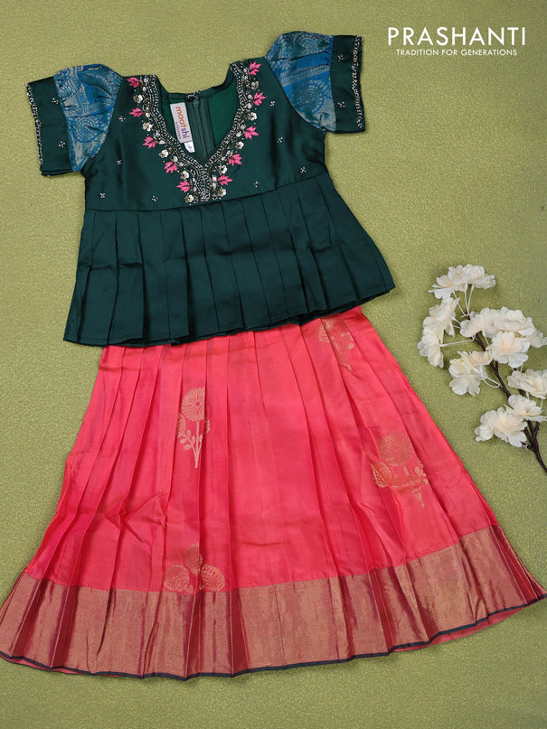 Pure silk kids lehenga bottle green and peach pink with beaded work neck pattern and puff sleeve & zari woven border for 2 years