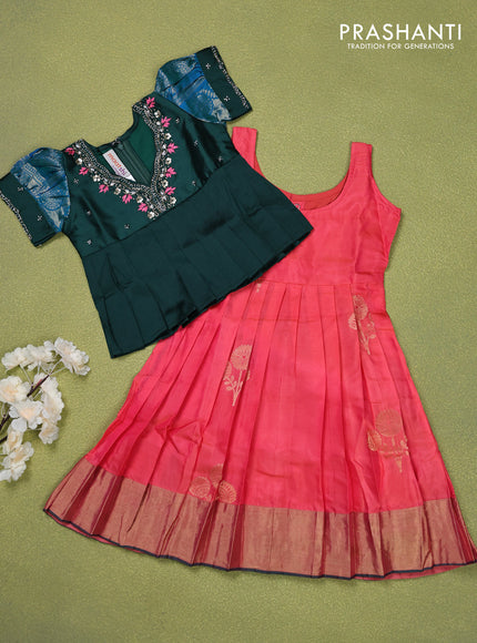 Pure silk kids lehenga bottle green and peach pink with beaded work neck pattern and puff sleeve & zari woven border for 2 years