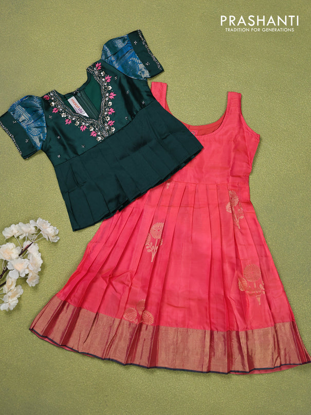Pure silk kids lehenga bottle green and peach pink with beaded work neck pattern and puff sleeve & zari woven border for 2 years