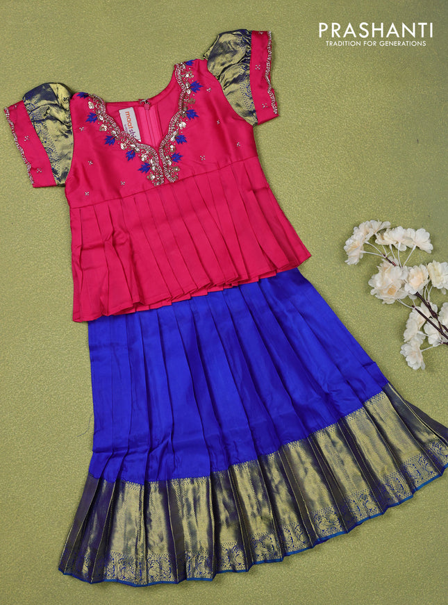 Pure silk kids lehenga pink and blue with beaded work neck pattern and puff sleeve & zari woven border for 2 years
