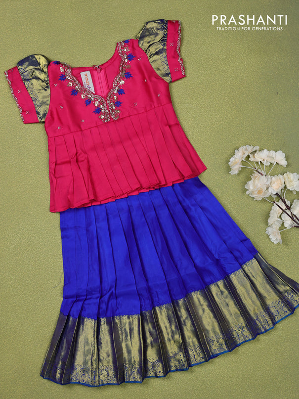 Pure silk kids lehenga pink and blue with beaded work neck pattern and puff sleeve & zari woven border for 2 years
