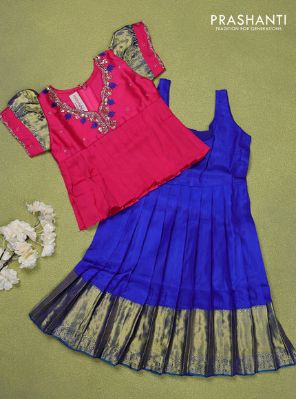 Pure silk kids lehenga pink and blue with beaded work neck pattern and puff sleeve & zari woven border for 2 years