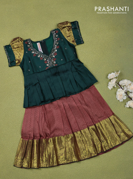 Pure silk kids lehenga bottle green and brown with beaded work neck pattern and puff sleeve & zari woven border for 2 years
