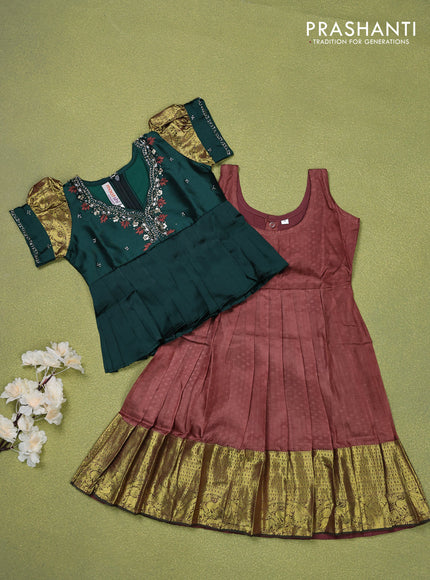 Pure silk kids lehenga bottle green and brown with beaded work neck pattern and puff sleeve & zari woven border for 2 years