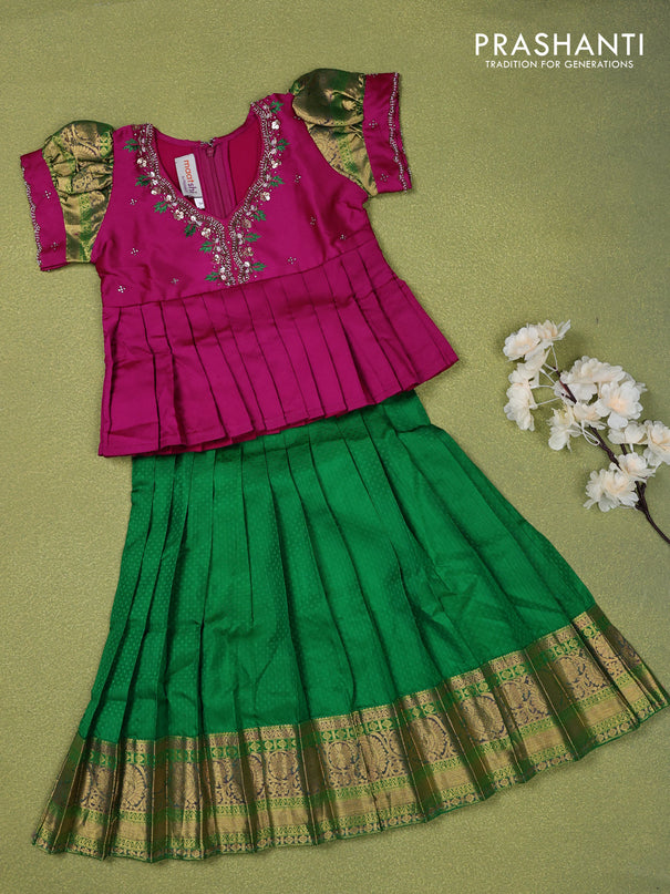 Pure silk kids lehenga magenta pink and green with embroidery beads work neck pattern & puff sleeve and zari woven border for 3 years