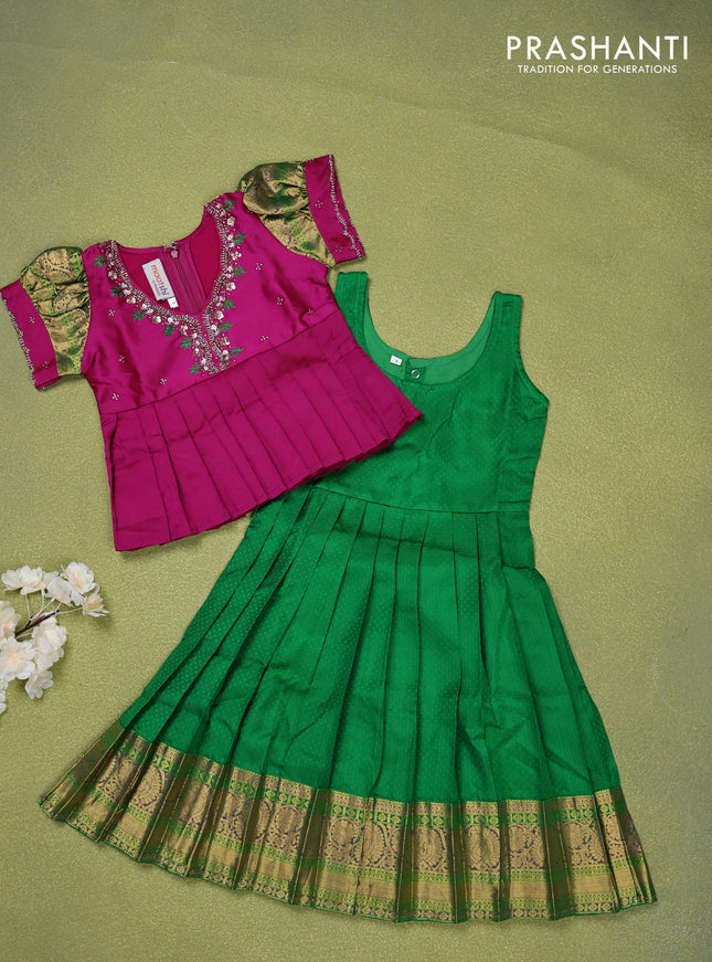 Pure silk kids lehenga magenta pink and green with embroidery beads work neck pattern & puff sleeve and zari woven border for 3 years