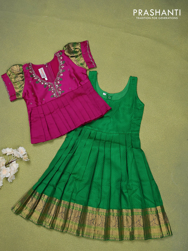 Pure silk kids lehenga magenta pink and green with embroidery beads work neck pattern & puff sleeve and zari woven border for 3 years