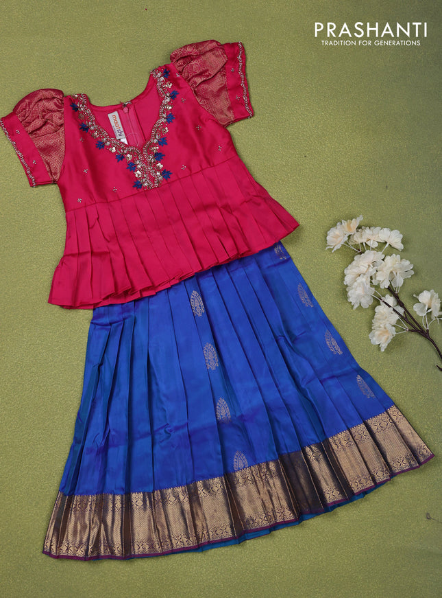 Pure silk kids lehenga pink and blue with embroidery beads work neck pattern & puff sleeve and zari woven border for 3 years