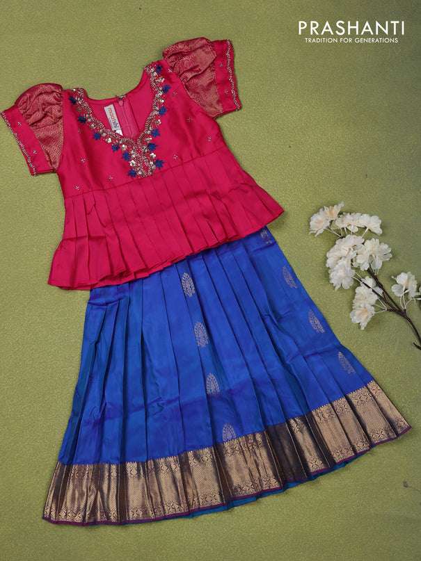 Pure silk kids lehenga pink and blue with embroidery beads work neck pattern & puff sleeve and zari woven border for 3 years