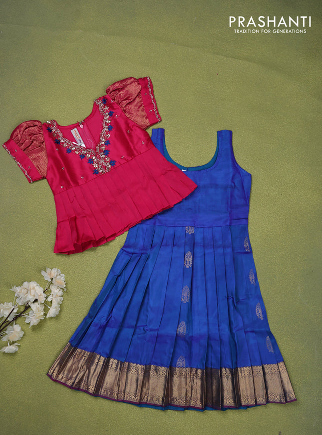 Pure silk kids lehenga pink and blue with embroidery beads work neck pattern & puff sleeve and zari woven border for 3 years