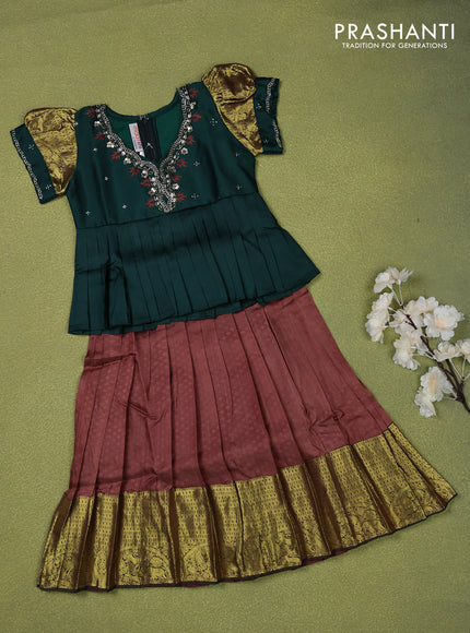 Pure silk kids lehenga dark green and brown with embroidery beads work neck pattern & puff sleeve and zari woven border for 3 years