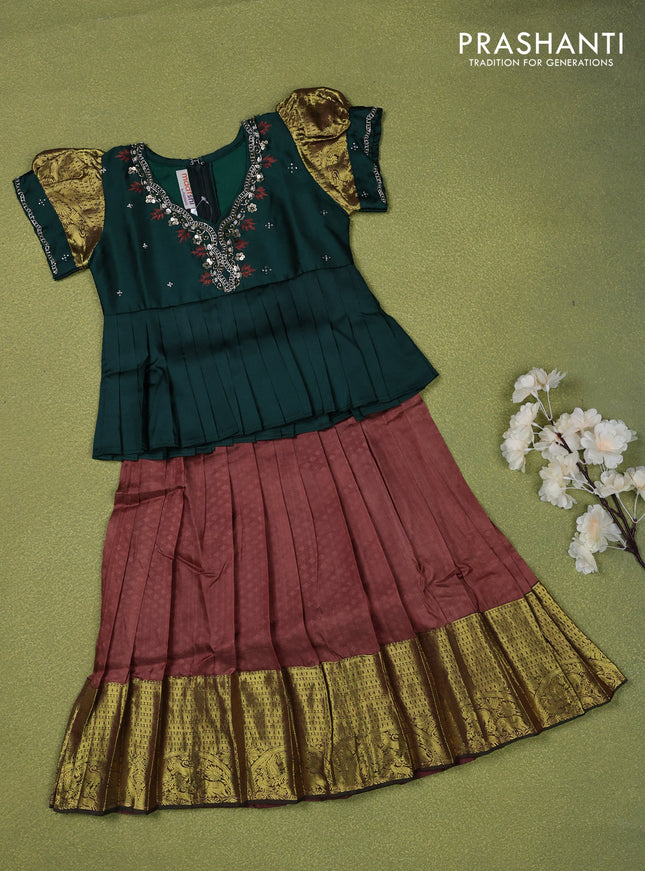 Pure silk kids lehenga dark green and brown with embroidery beads work neck pattern & puff sleeve and zari woven border for 3 years