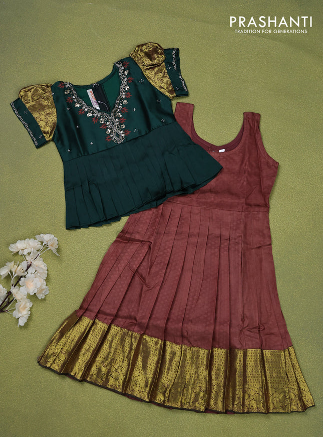 Pure silk kids lehenga dark green and brown with embroidery beads work neck pattern & puff sleeve and zari woven border for 3 years