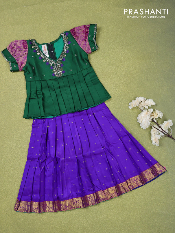 Pure silk kids lehenga green and blue with embroidery beads work neck pattern & puff sleeve and zari woven border for 3 years