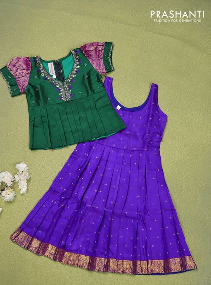 Pure silk kids lehenga green and blue with embroidery beads work neck pattern & puff sleeve and zari woven border for 3 years
