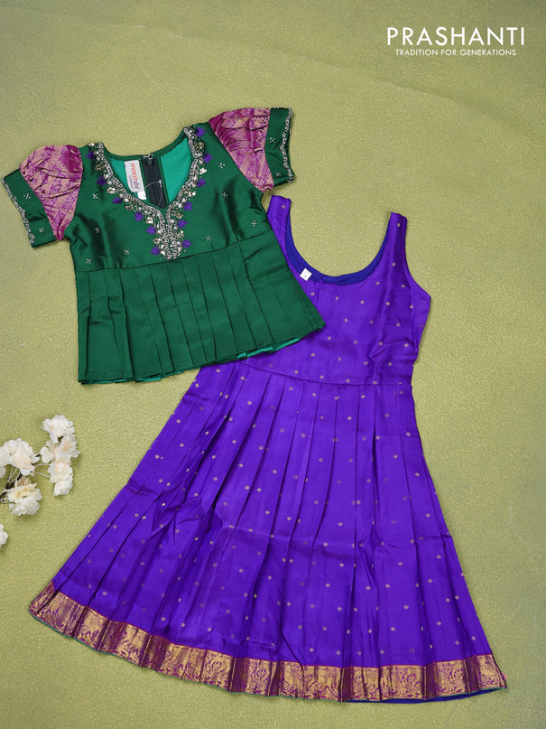 Pure silk kids lehenga green and blue with embroidery beads work neck pattern & puff sleeve and zari woven border for 3 years