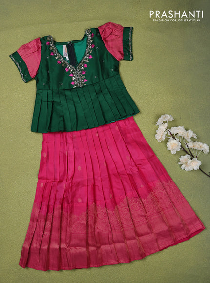 Pure silk kids lehenga green and pink with beaded work neck pattern pattern and puff sleeve & zari woven border for 4 years