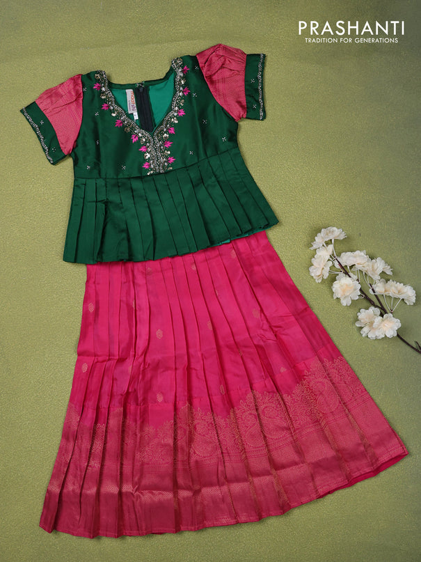 Pure silk kids lehenga green and pink with beaded work neck pattern pattern and puff sleeve & zari woven border for 4 years