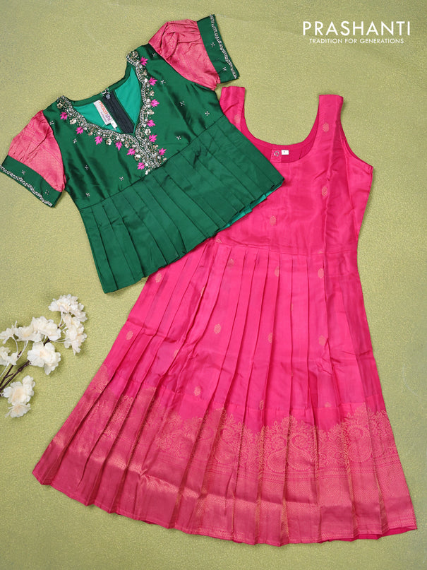 Pure silk kids lehenga green and pink with beaded work neck pattern pattern and puff sleeve & zari woven border for 4 years