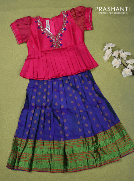 Pure silk kids lehenga pink and blue with beaded work neck pattern pattern and puff sleeve & zari woven border for 4 years